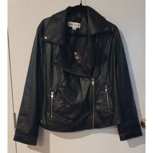 Ava & Viv Womens 1X Black Faux Leather Moto Jacket Plus Size Zip Front Biker